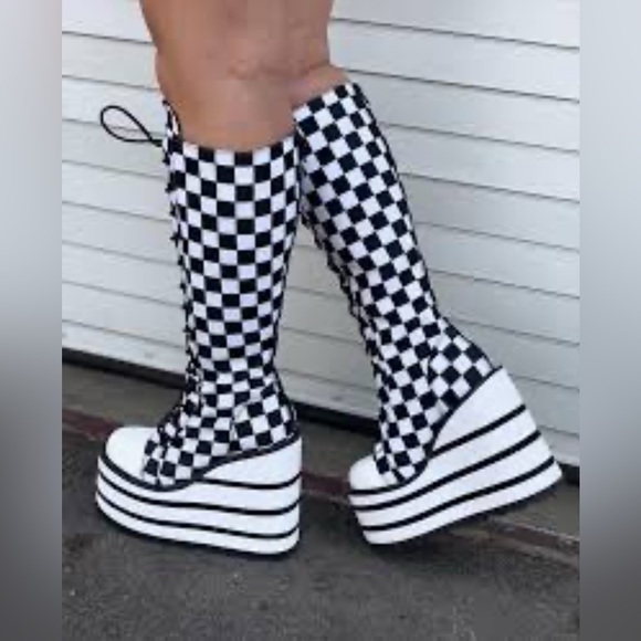 Current Mood Punquetee Punk Rock Cable Knit Space-Dye Faux  DOLL KILLS YRU PUNK ROCK BLACK WHITE CHECKERED WOMENS SIZE 6 1/2